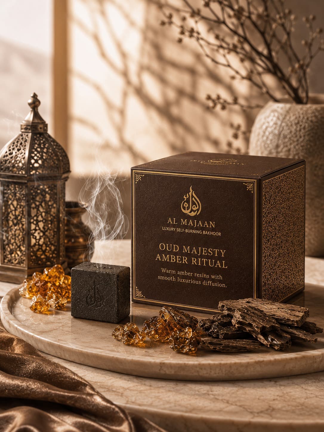 Al Majaan luxury self-burning bakhoor block with rising amber smoke
