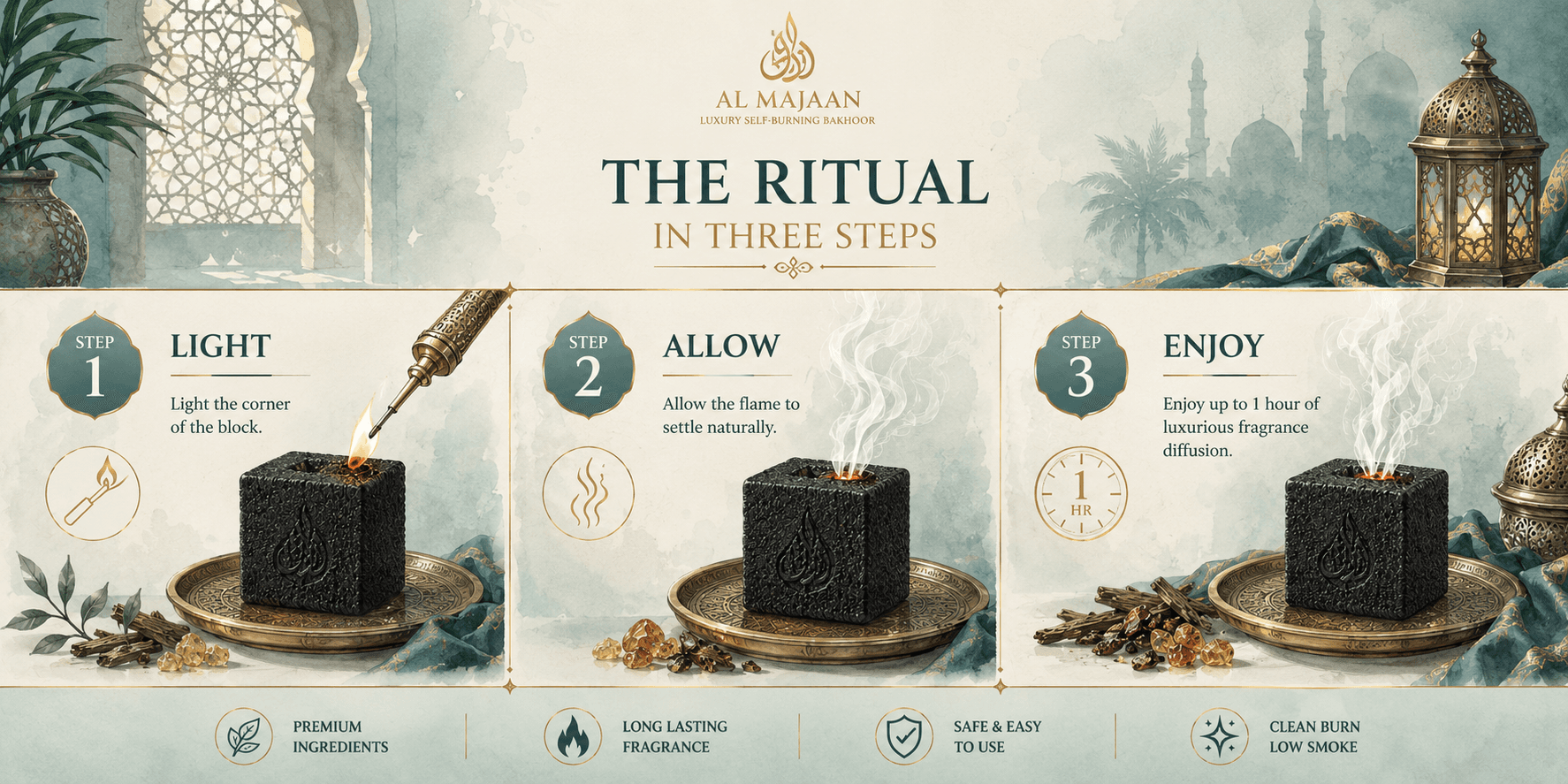 The Al Majaan ritual in three steps — light it, allow it, enjoy it